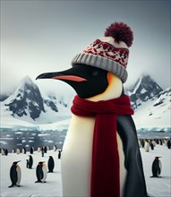 An emperor penguin with scarf and cap in the Antarctic ice, AI generated, AI generated