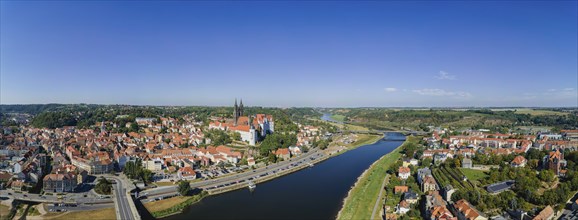 Aerial view of the castle hill Meissen with bishop's castle, Albrechtsburg and cathedral. Autumn