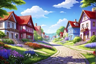 AI generated illustration of colorful countryside houses nestled in a spring or summer scenery with