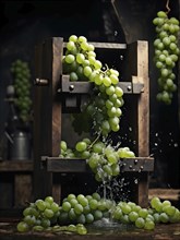 Grape cluster mid crush in a traditional wine press with dynamic flow of juice, AI generated