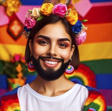 A person with a beard with male and female characteristics in front of the rainbow flag, symbol