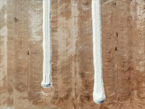 Detail at the Bonanza salt works near Sanlúcar de Barrameda. Aerial view. Drone shot. Cádiz