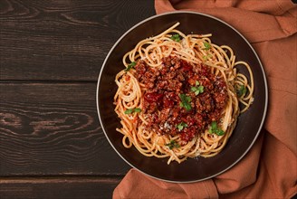 Spaghetti Bolognese, top view, close-up, no people, homemade