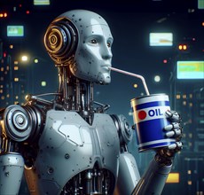 A humanoid robot drinks machine oil with a straw, symbol image Power, energy, cybernetics, AI