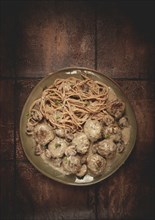 Spaghetti with meatballs and mushrooms, in cream sauce, homemade, no people