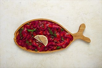 Salmon gravlax with beetroot, Scandinavian snack, beet gravlax, lightly salted fish, homemade, no