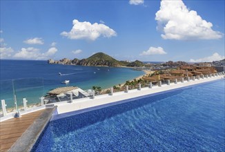 Scenic panoramic aerial view of Los Cabos landmark tourist destination Arch of Cabo San Lucas