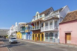 Colombia, Scenic colorful streets of Cartagena in historic Getsemani district near Walled City,