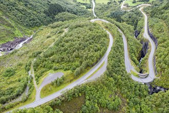 Hairpin curves in valley Hjelledalen east of Stryn, Norway, Europe