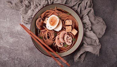 Asian soba soup, with mushrooms and egg, cheese, sesame seeds, homemade, no people