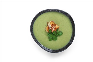 Pea cream soup, with shrimp, green soup, homemade, top view, no people, isolate, on a white