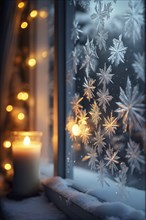 Snow-covered window with frost patterns, candlelight softly glowing through the glass, and warm,