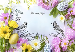 Easter card with delicate hand-drawn illustrations, placed among fresh flowers and decorated eggs,