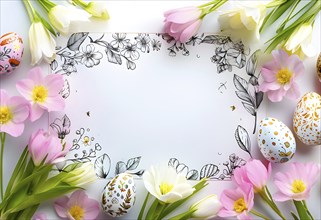 Easter card with delicate hand-drawn illustrations, placed among fresh flowers and decorated eggs,