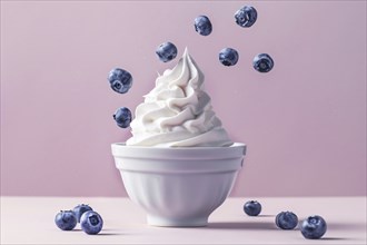 Bowl with cream and fresh blueberry fruits on pink background. Generative AI, AI generated