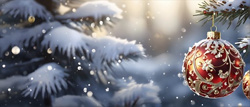 Abstract illustration of a set of ornate Christmas ornaments hanging on a snow-covered pine tree