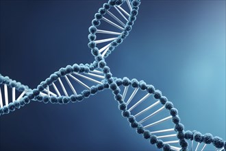 DNA double helix structure against gradient blue background, AI generated