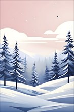 Abstract winter wonderland with minimalist stylized pine trees and snowdrifts using soft pastel