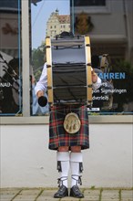 Bass drum on a musician, bagpipe orchestra, pipe concert, Sigmaringen, Baden-Württemberg, Germany,