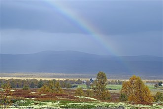 Picturesque landscape with rainbow over autumn coloured trees and mountains in the background,