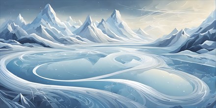 Abstract illustration of dreamy, icy landscape with swirling blues, whites, and silvers, evoking