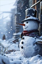 Snowman in an idylic winter urban scenery, snow-covered streets and buildings in background,