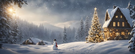 Peaceful and serene Christmas scene with a decorated Christmas tree with gifts presents and a cute