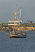 Large traditional sailing boat in a bay on the Atlantic. Camaret sur mer, Crozon, Finistere,