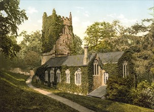 Cockington Church, Torquay, England, Historic, digitally restored reproduction from a 19th century