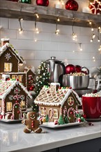 Kitchen counter filled with Christmas cookies, gingerbread houses, and mugs of hot chocolate, with