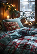 Cozy winter bedroom with flannel sheets, holiday throw pillows, with a warm glow filling the room,