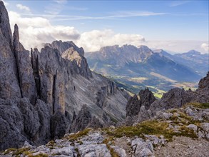 View from the Santner Pass over rose garden and Latemar, rose garden Group, Dolomites, South Tyrol,