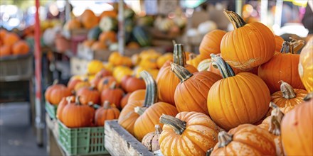 Banner with orange pumpkins in wooden crates at farmer's market. Generative Ai, AI generated