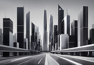 Modern city skyline using clean lines and geometric forms, with rectangular buildings and smooth,