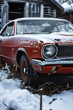 Classic 1960s muscle car, half-buried in snow in a forgotten backyard creating a sense of nostalgia