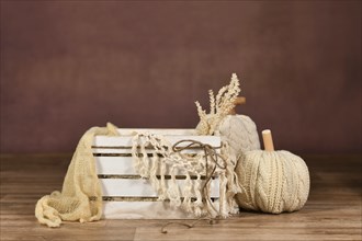 Newborn digital backdrop with empty white wooden box with pumpkin and on brown background