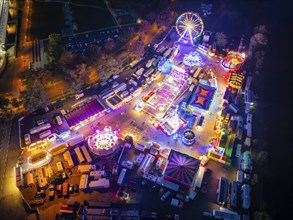 Fairground at night on the banks of the Elbe, Dresden Night aerial view, Dresden, Saxony, Germany,