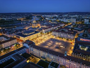 Altmarkt with Palace of Culture, in the background the Church of Our Lady, Dresden night aerial