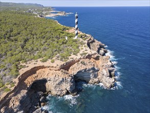 Aerial view of the lighthouse Far de sa Punta des Moscarter, Ibiza, Balearic Islands, Spain, Europe