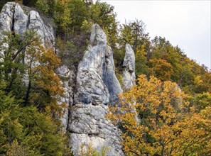 Swabian Alb in autumn, Albtrauf with colourful mixed forest and rocky landscape. Bad Urach,