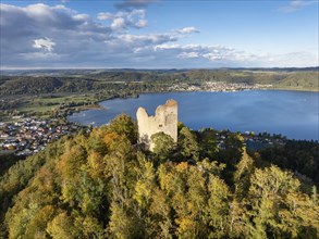 Aerial view of Lake Constance, Überlinger See, with the ruins of Altbodman on the Bodanrück, above