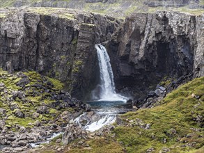 Waterfall Folaldafoss, at Öxi Mountain Road 939, East Fjords, Iceland, Europe