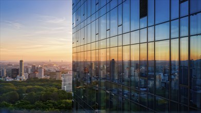 Office building with a full glass facade at golden hour, AI generated