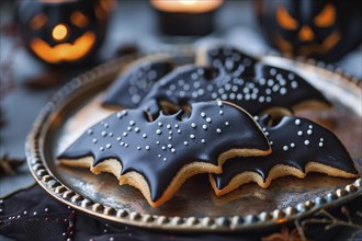 Halloween cookie in shape of bat with black glazing. Generative Ai, AI generated