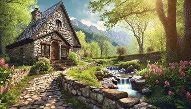 Icon, Graphic, Beautiful cosy fantasy stone house in a spring forest next to a cobblestone path, AI