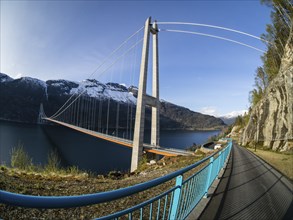 Hardanger bridge, suspension bridge over the Eidfjord, a branch of the Hardangerfjord, near