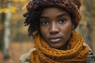 Young african american woman with knitted hat and scarf in autumn forest in background. Generative