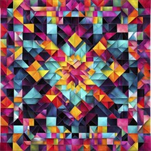 Abstract geometric patchwork illustration with vibrant intersecting geometric shapes filled with