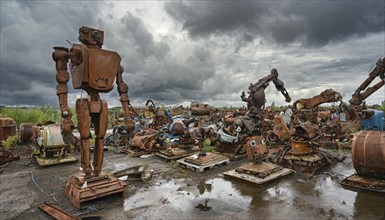 Individual rusty robots and machine parts stand on a soaked, deserted site under dark clouds,