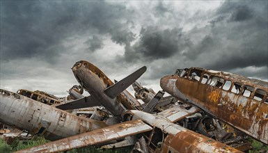 Several rusty and abandoned aircraft wrecks under a gloomy, cloudy sky, symbol photo, AI generated,